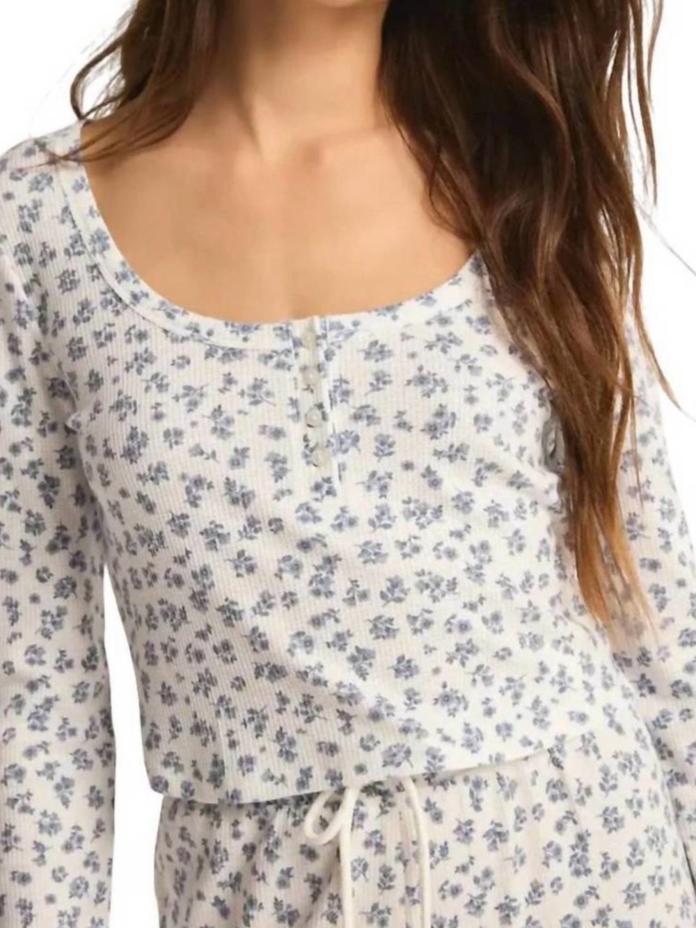 Z Supply White Cropped Long Sleeve Henley with Blue Floral Print